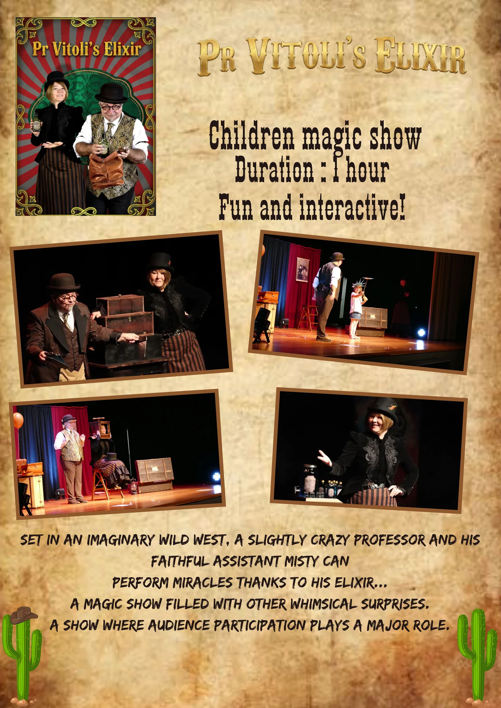 Pr Vitoli’s Elixir live family magic show with Wild West storytelling and audience participation